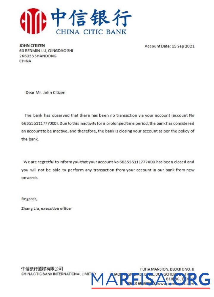 Realistic China Citic Bank closure reference example